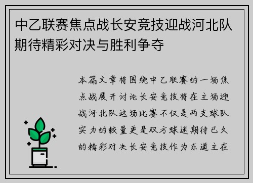 中乙联赛焦点战长安竞技迎战河北队期待精彩对决与胜利争夺