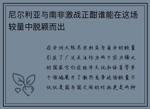 尼尔利亚与南非激战正酣谁能在这场较量中脱颖而出